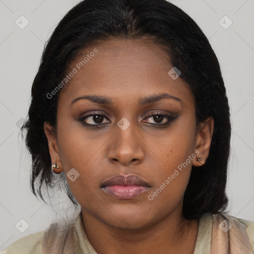 Neutral black young-adult female with long  brown hair and brown eyes