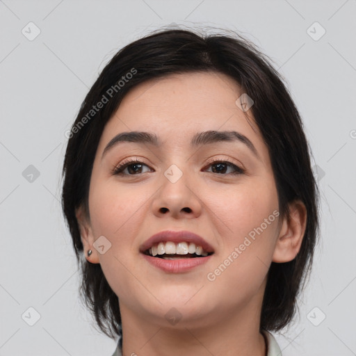 Joyful white young-adult female with medium  brown hair and brown eyes