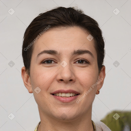 Joyful white young-adult female with short  brown hair and brown eyes