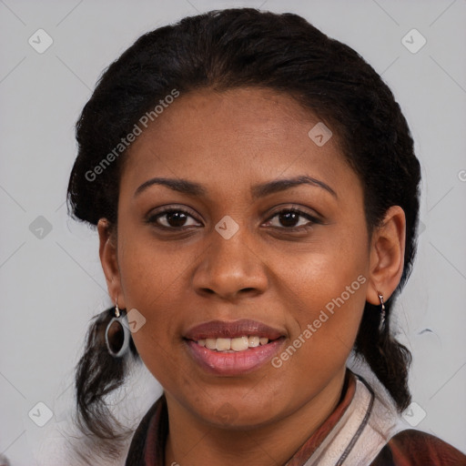 Joyful black young-adult female with medium  brown hair and brown eyes