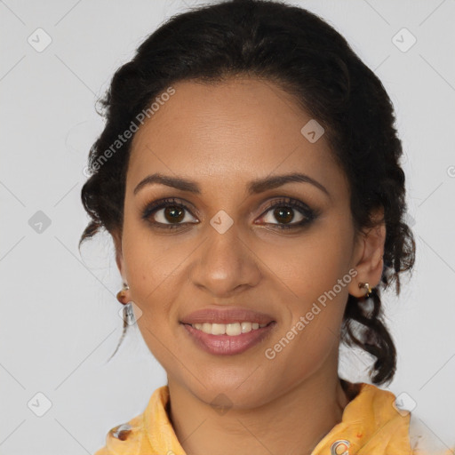 Joyful black young-adult female with medium  brown hair and brown eyes