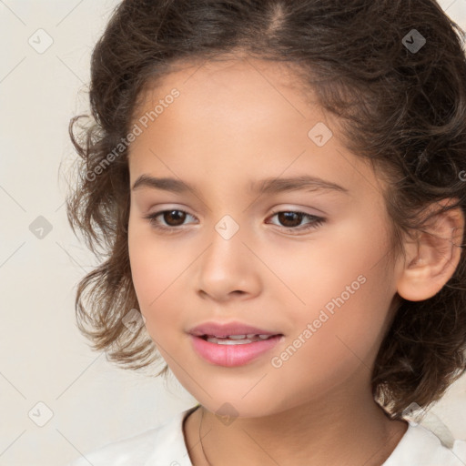 Joyful white child female with medium  brown hair and brown eyes