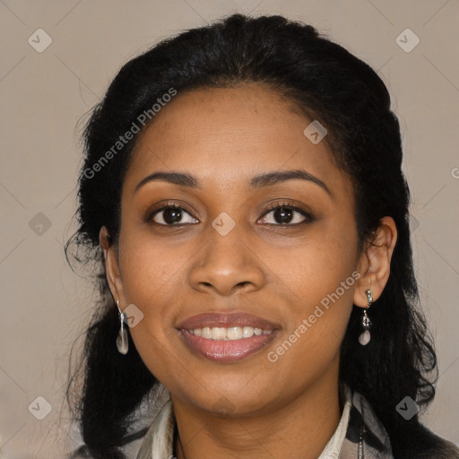 Joyful black young-adult female with medium  brown hair and brown eyes