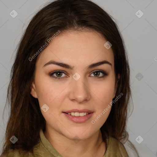 Joyful white young-adult female with medium  brown hair and brown eyes