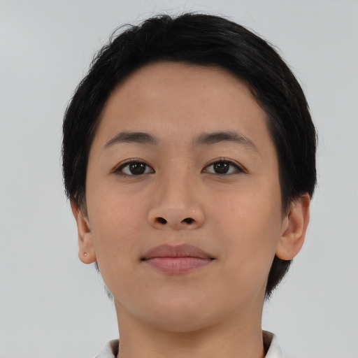 Neutral asian young-adult female with short  brown hair and brown eyes