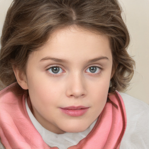 Joyful white child female with medium  brown hair and grey eyes