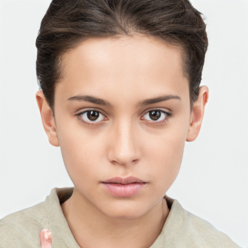 Neutral white young-adult female with short  brown hair and brown eyes