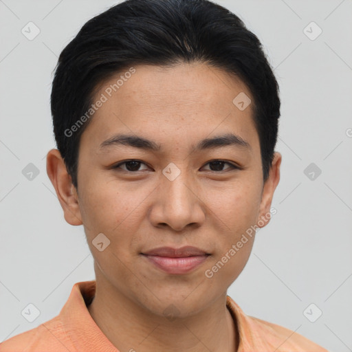 Joyful asian young-adult male with short  brown hair and brown eyes