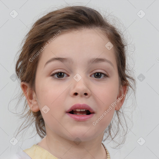 Joyful white child female with medium  brown hair and brown eyes