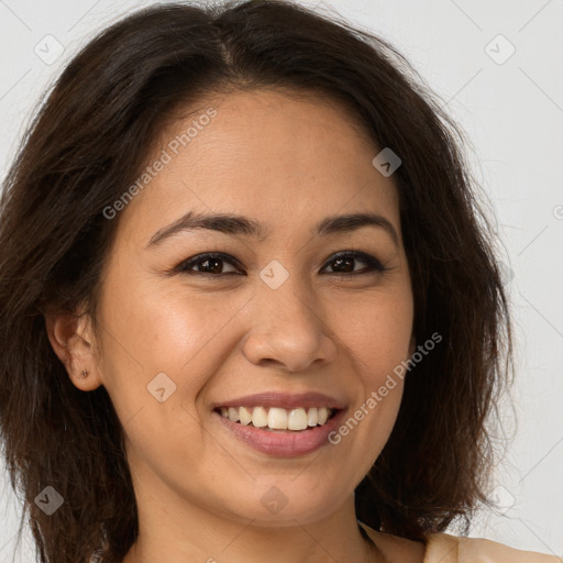 Joyful white young-adult female with long  brown hair and brown eyes