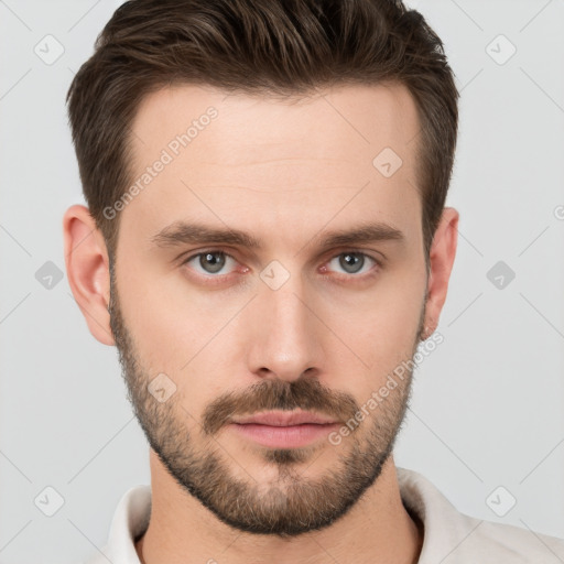 Neutral white young-adult male with short  brown hair and brown eyes