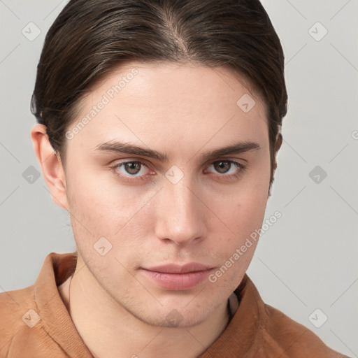 Neutral white young-adult male with short  brown hair and grey eyes