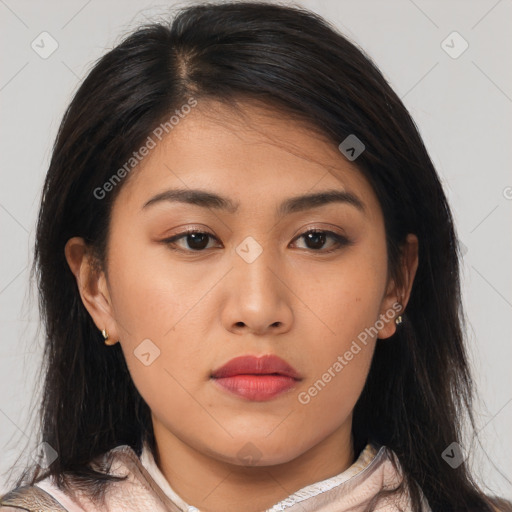 Neutral asian young-adult female with medium  brown hair and brown eyes