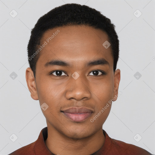 Joyful black young-adult male with short  black hair and brown eyes