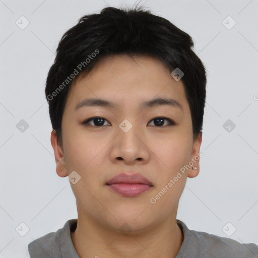 Neutral asian young-adult female with short  black hair and brown eyes