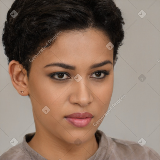 Neutral latino young-adult female with short  brown hair and brown eyes