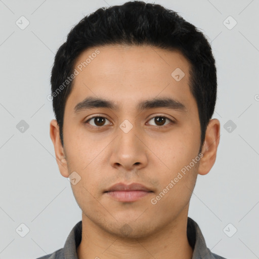Neutral asian young-adult male with short  black hair and brown eyes