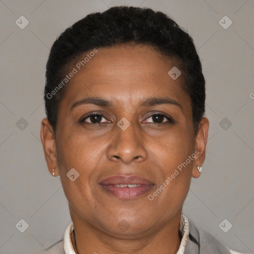 Joyful black adult female with short  brown hair and brown eyes