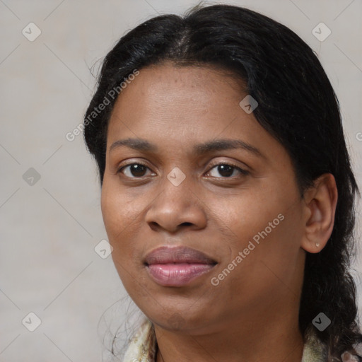 Joyful black young-adult female with medium  brown hair and brown eyes