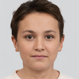 Neutral white young-adult female with short  brown hair and brown eyes