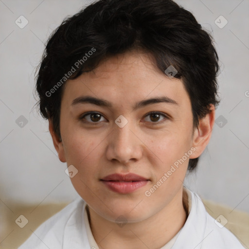 Neutral white young-adult female with medium  brown hair and brown eyes