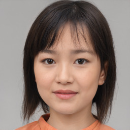 Joyful white child female with medium  brown hair and brown eyes