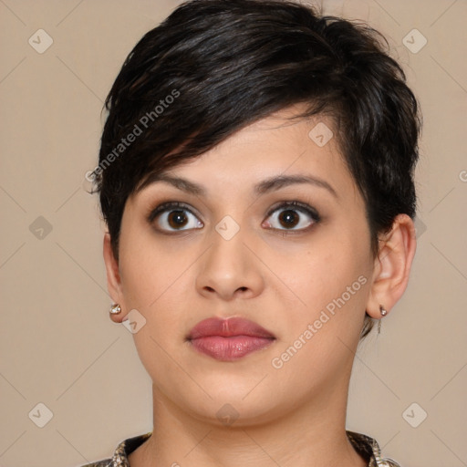 Neutral white young-adult female with medium  brown hair and brown eyes