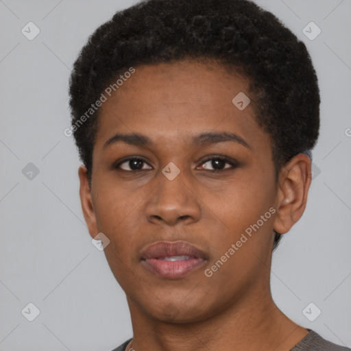 Neutral black young-adult female with short  black hair and brown eyes