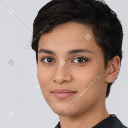 Joyful white young-adult female with short  brown hair and brown eyes