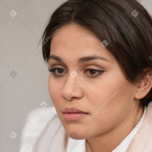 Neutral white young-adult female with medium  brown hair and brown eyes