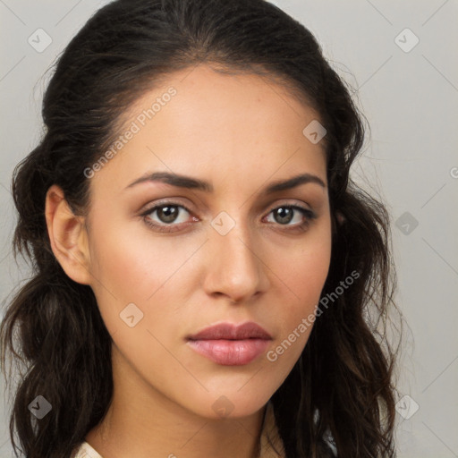 Neutral white young-adult female with long  brown hair and brown eyes