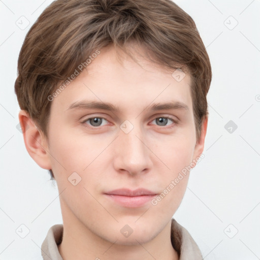 Neutral white young-adult male with short  brown hair and grey eyes