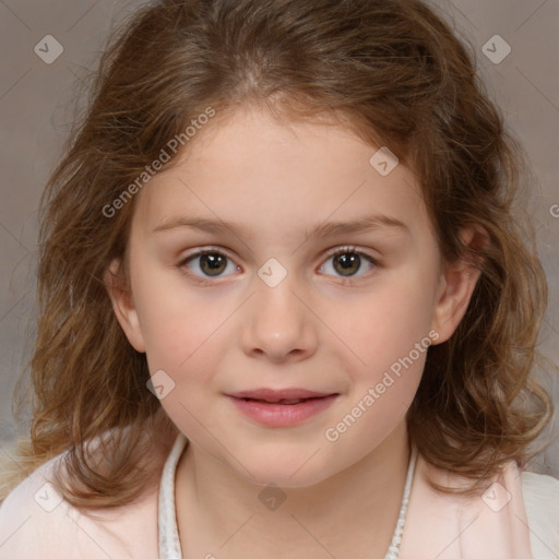 Joyful white child female with medium  brown hair and brown eyes