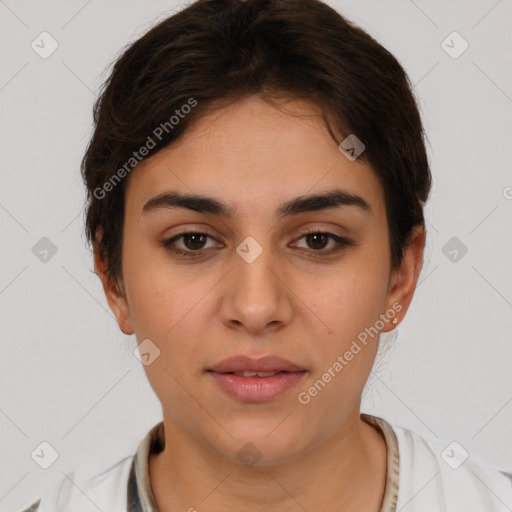 Neutral white young-adult female with short  brown hair and brown eyes