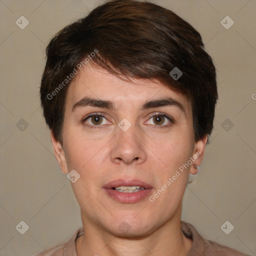 Joyful white young-adult female with short  brown hair and brown eyes