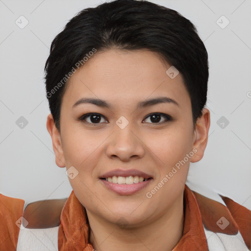 Joyful asian young-adult female with short  brown hair and brown eyes