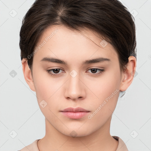 Neutral white young-adult female with short  brown hair and brown eyes