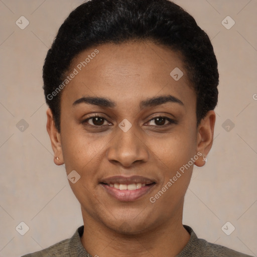 Joyful latino young-adult female with short  black hair and brown eyes