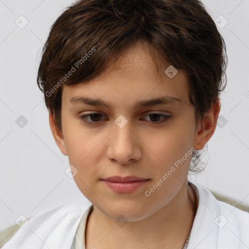 Joyful white child female with short  brown hair and brown eyes