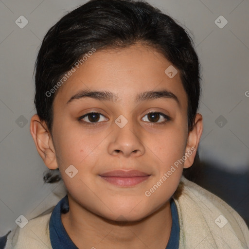 Joyful white child female with medium  brown hair and brown eyes