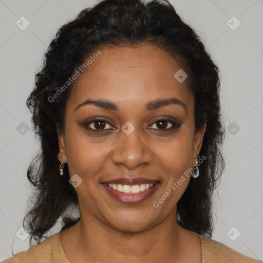 Joyful black young-adult female with long  brown hair and brown eyes