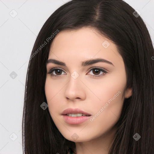 Neutral white young-adult female with long  black hair and brown eyes