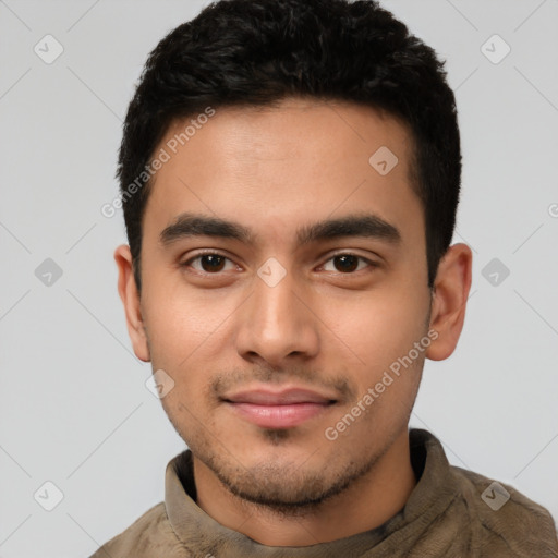 Neutral latino young-adult male with short  black hair and brown eyes