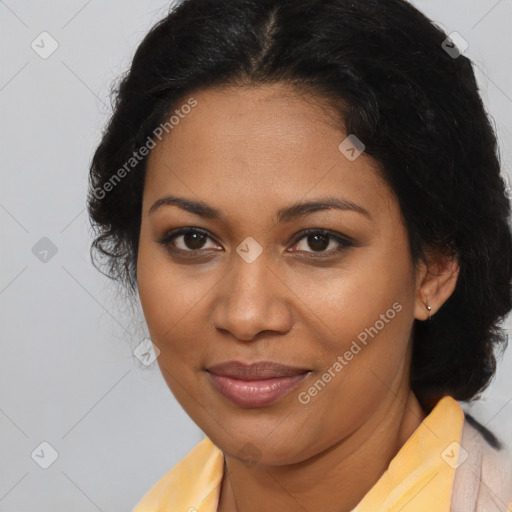 Joyful black young-adult female with medium  brown hair and brown eyes