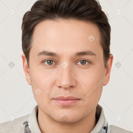 Neutral white young-adult male with short  brown hair and brown eyes