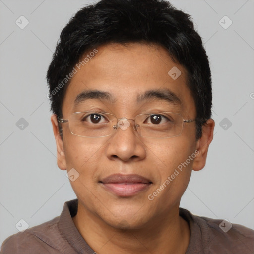 Neutral asian young-adult male with short  black hair and brown eyes