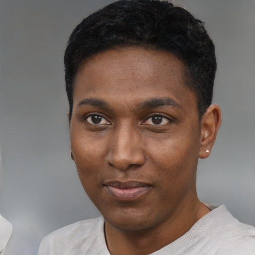 Joyful black young-adult male with short  black hair and brown eyes