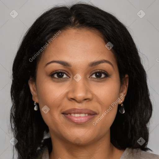 Joyful latino young-adult female with long  brown hair and brown eyes