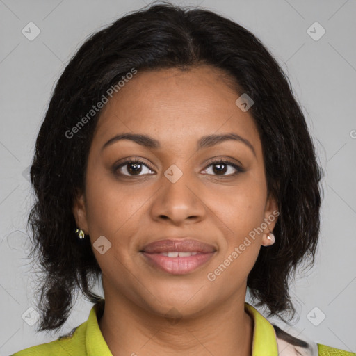 Joyful black young-adult female with medium  brown hair and brown eyes