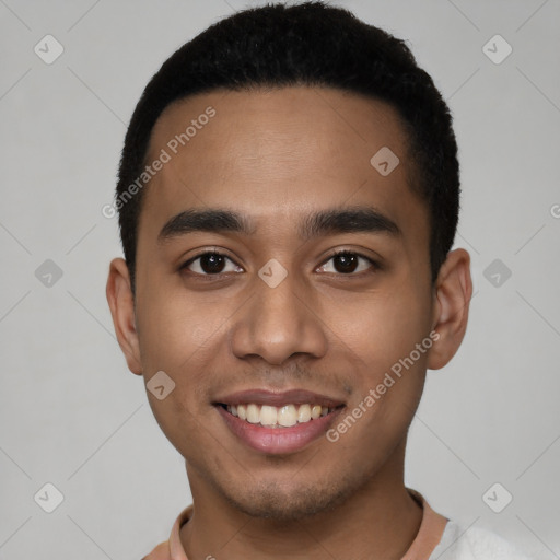 Joyful latino young-adult male with short  black hair and brown eyes